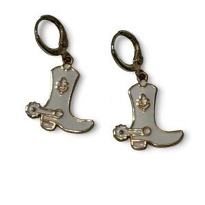 White Enamel Cowboy Boot Dangle Earrings
